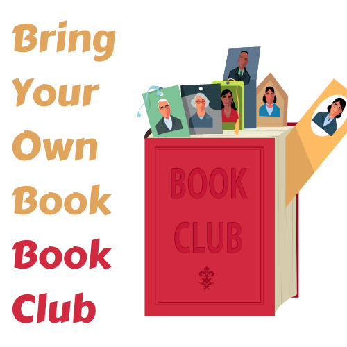 Bring Your Own Book Book Club logo: Book with photo bookmarks sticking out of it.