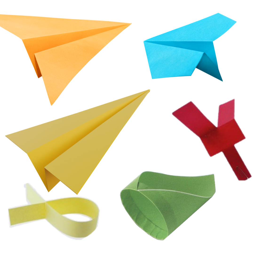 a variety of paper planes as well as a ring-wing flier, a paper helicopter, and a spinning blimp