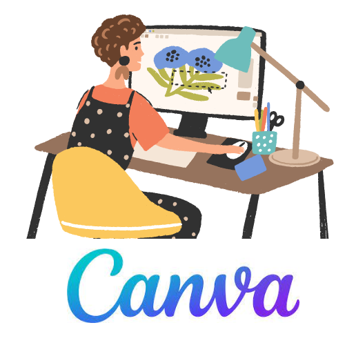 the word/logo for Canva, below a woman editing an image on a computer.