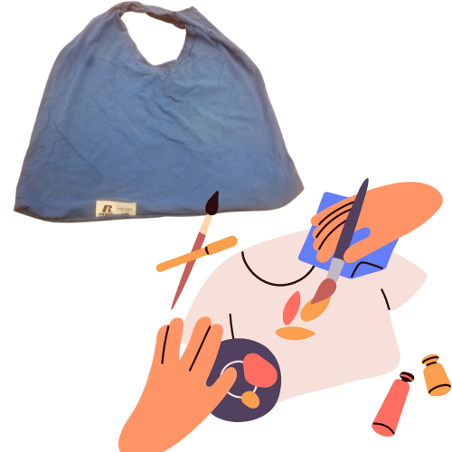 a blue bag made from a t-shirt and an illustration of two hands painting on a t-shirt with acrylic paints