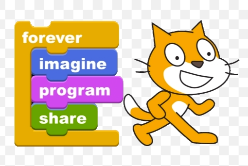 Programming blocks labelled forever (loop), imagine, program, share, next to the Scratch yellow cat sprite mascot