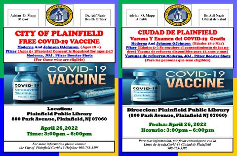 vaccine clinic April 26th poster in English and Spanish