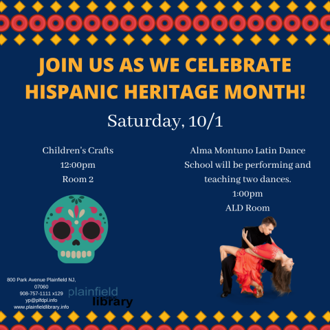 Hispanic Heritage month program flyer decorated with calavera sugar skull and Latin dancers