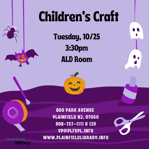 Kids craft flyer decorated with jack-o-lantern, bats, ghosts, tape and scissors.