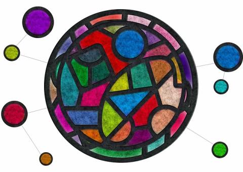 Stained Glass Roundel with orbs to represent faux stained glass jewelry pieces