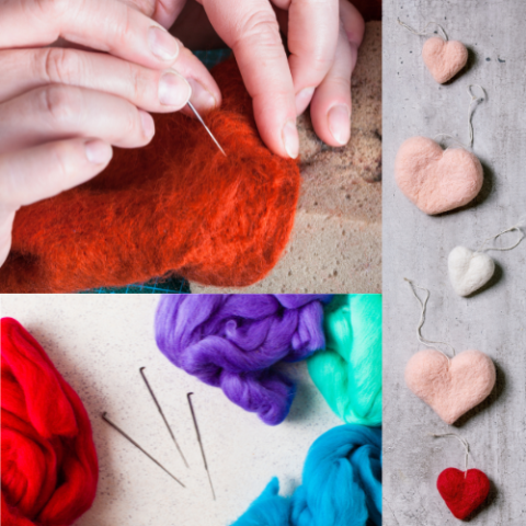 Photos of a set of felted hearts, needle-felting in process, and wool and felting needles for the craft.