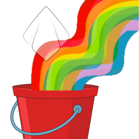 White silk hankie is being dropped into a red bucket, out of which comes a wavy rainbow, representing the color dyes