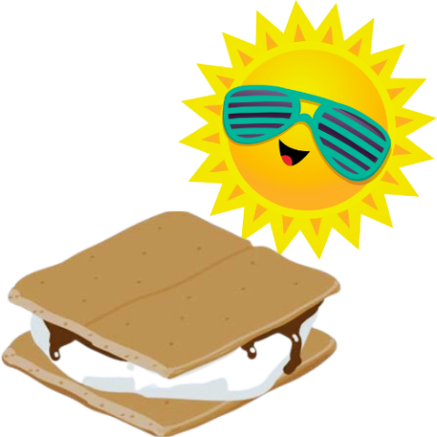 A square, slightly flattened s'more, with a marshmallow and melted chocolate sticking out between two graham crackers, is overlooked by a smiling sun face wearing green slatted sunglasses.