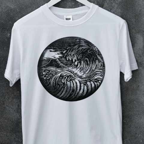 T-shirt (white) lino-printed with wave design in black