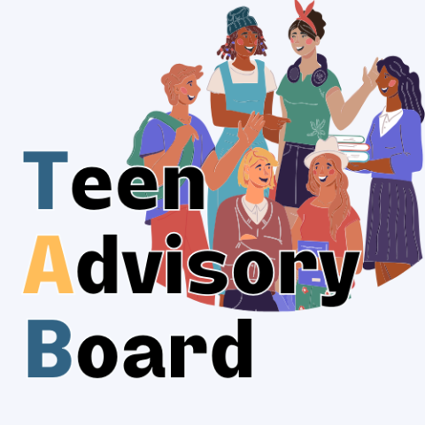 A multicolor image of a group of teenagers talking, with the words Teen Advisory Board superimposed on it.
