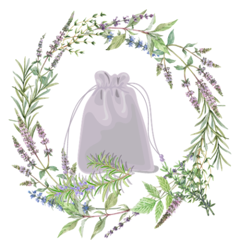 A white sachet held closed by a drawstring is surrounded by a wreath of green herbs