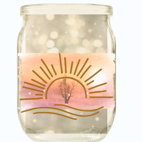 A luminaria of a clear jar with vague lights inside, and a pink and orange landscape painted on it, surmounted by a rising sun outline