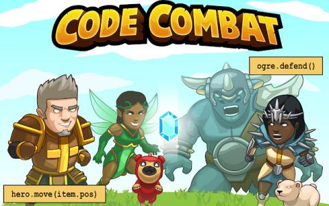 Code combat opening screen with paladin, thief, ogre, knight, and scraps of code
