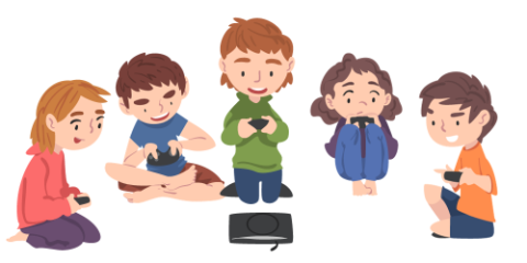 5 kids clustered around a gaming console with controllers in their hands