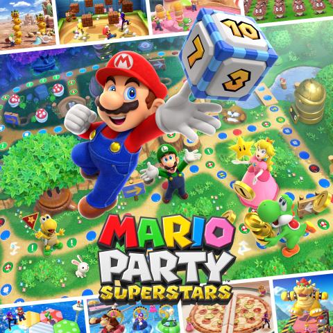 Mario flying with  a dice over the background of Mario Party board and minigames