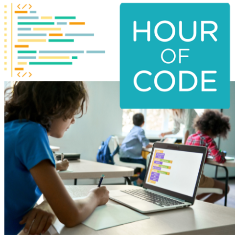 Hour of Code logo, plus a few lines of HTML and an image of a young person typing on a computer in a classroom