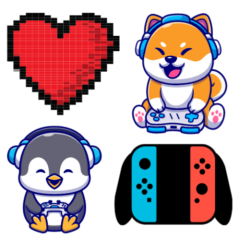 A video game health heart, a kawaii shibu inu in gaming rig, a kawaii penguin in gaming rig, and an external Switch controller.