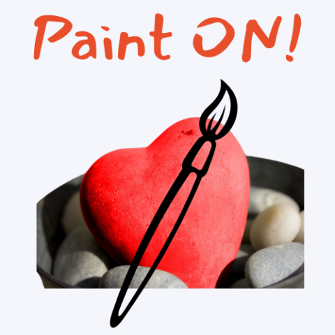 Paint ON! a paintbrush outline over a painted rock in the shape of a heart