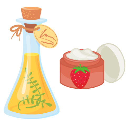 A bottle of oil with an herb floating in it, and a container of cream labelled with a strawberry.