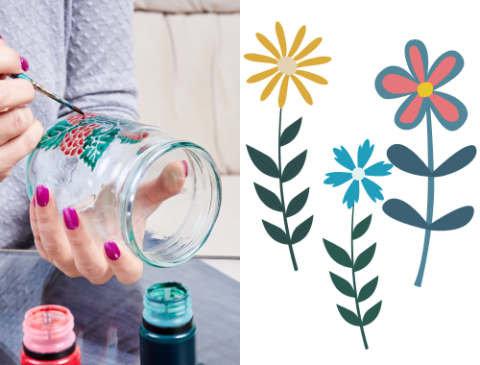 A photo of someone painting leaves and berries on a glass jar, next to some folk-art style paintings of flower stems with leaves