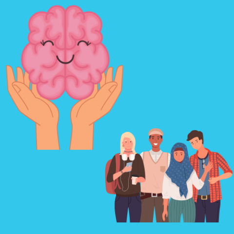A happy brain cradled in someone's hands, and a group of multiracial teens