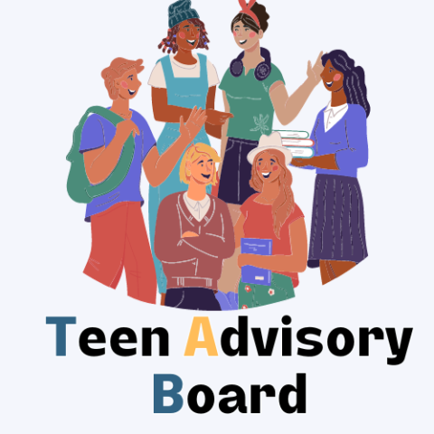 The words "Teen Advisory Board: and a group of teenagers talking together and sharing books.