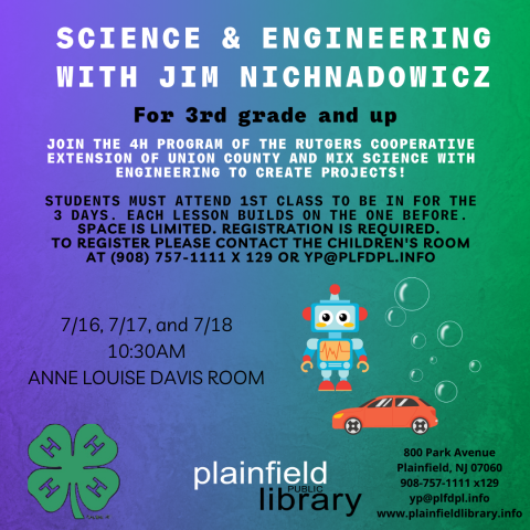Join the 4H program of the Rutgers Cooperative Extension of Union County and mix Science and Engineering to create fun projects!