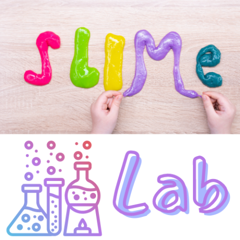 The word "slime" made out of different colors of slime, plus some lab glassware and the word "Lab"