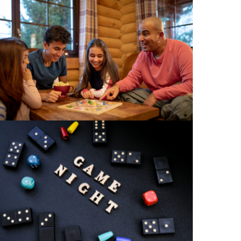 A family playing a board game and various game pieces spelling out "Game Night"