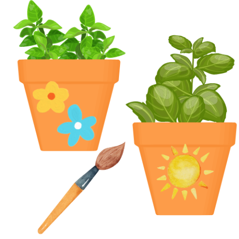 Two pots of herbs with painted images on them, and a paintbrush