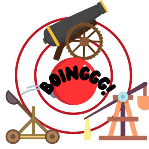 On the background of a target, a cannon, a trebuchet, and a catapult, along with a large red ball and the word "Boinggg!"