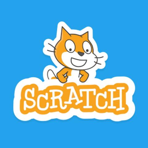 Scratch logo and default cat sprite on a blue background