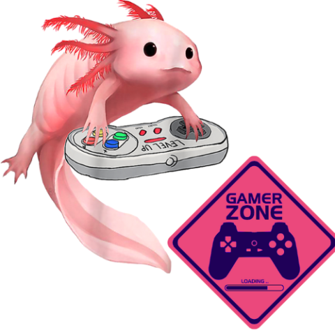 a pink axolotl working video game controls and a pink "Gamer Zone" sign