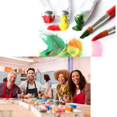 Acrylic painting supplies and a multi-racial group of adults painting