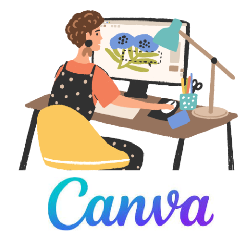 A woman doing computer image design on a computer at a desk, with the Canva logo underneath.