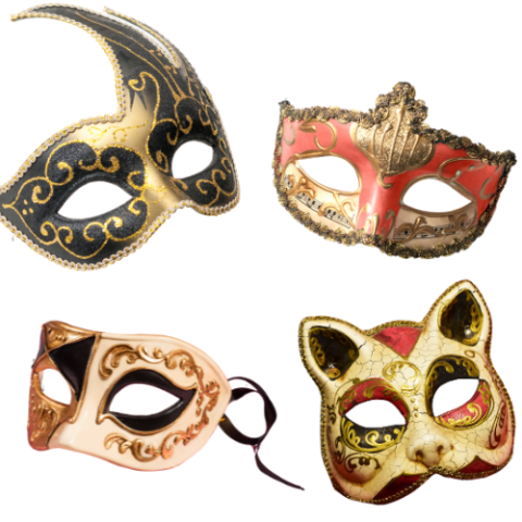 A selection of painted half-masks in different shapes