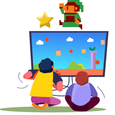 2 kids playing video games with an 8 bit Link character running after a star along the top of the screen