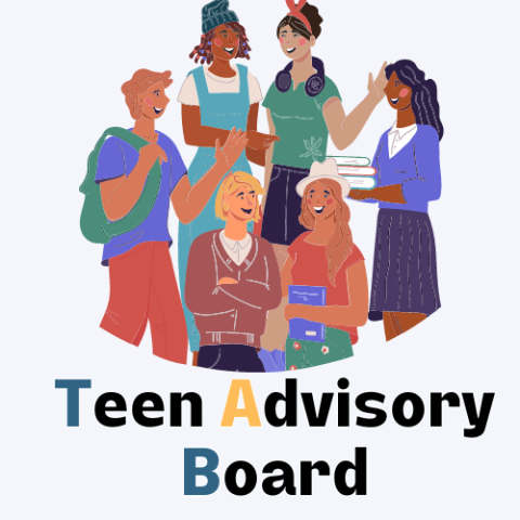 Teen Advisory Board, with a crowd of diverse teenagers talking to one another