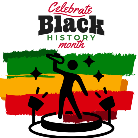 Celebrate Black History Month logo with a black and white line art of a a performer singing into a mike on a stage with stars around them. Background is stripes of green, yellow, red, brown