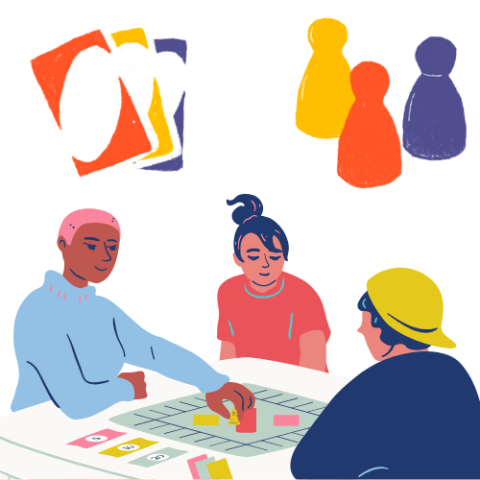 A set of cards and some game tokens, above three people of color playing a board game