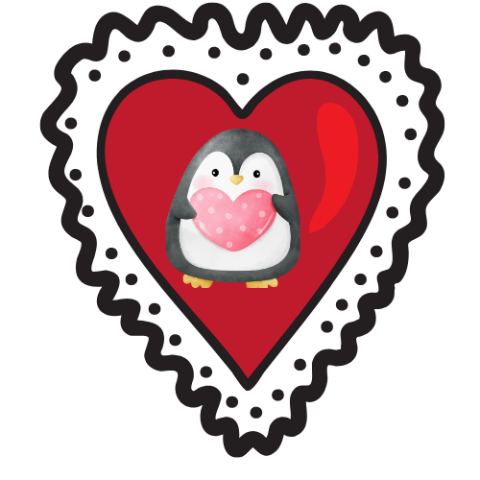 On a heart-shaped valentine card edged with doily lace, a small penguin presents the viewer with a sparkly pink heart