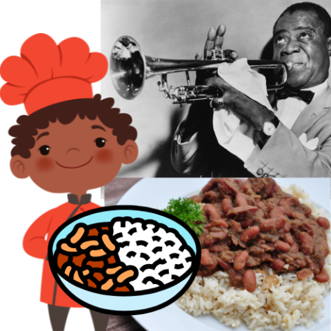 A cartoon black kid in red chef's gear holding a dish of beans and rice, on a background of a photo of Louis "Satchmo" Armstrong playing the trumpet and a plate of red beans and rice