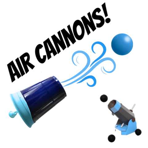 The words "Air Cannons!" and a homemade air-zooka shooting out air which is pushing a ping-pong ball. In the lower corner there is a cardboard cannon make from a KiwiCrate kit.