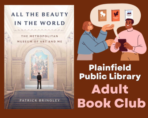 Plainfield Public Library Adult Book Club; graphic of two people discussing books; cover of "All the Beauty in the World"