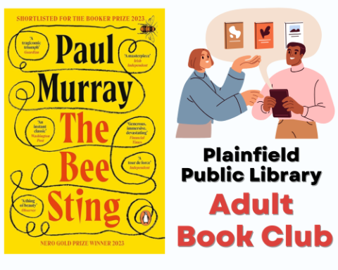 Plainfield Public Library: Adult Book Club. Image of two people discussing books. Cover of Paul Murray's book, The Bee Sting.