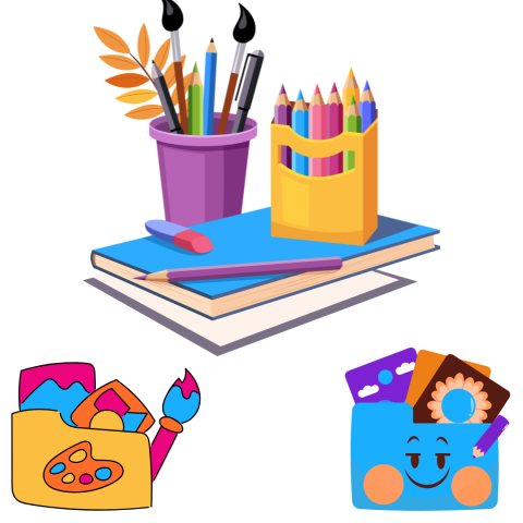 Two decorated folders and a portfolio with pens, markers, and crayons