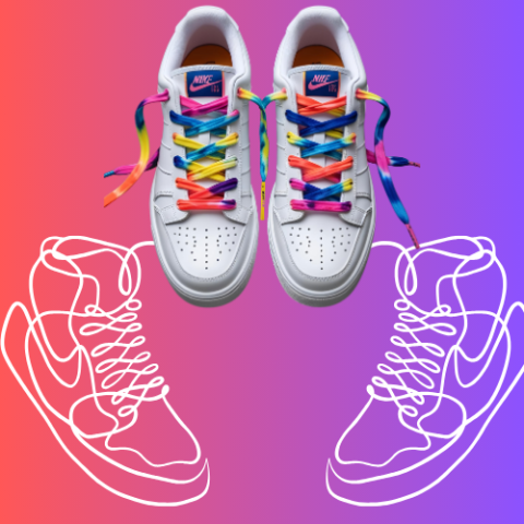 On a gradient or tie dye background, a pair of white sneakers with tie-dyed laces and depictions of 2 sneakers formed by white string lines to indicate tie-dyed laces