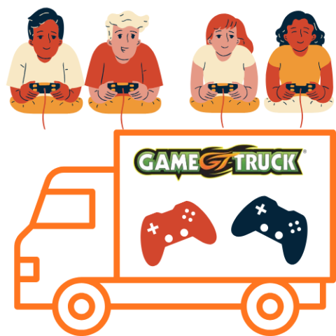 Four teens playing video games, connected to a box truck with the log GameTruck and two video game controllers on the side