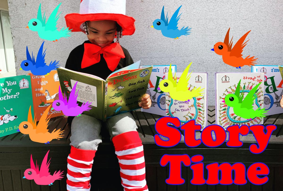 Person dressed like Dr. Seuss reading a book