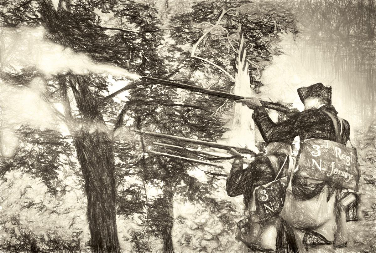 image of American Revolution-era soldiers firing muskets.
